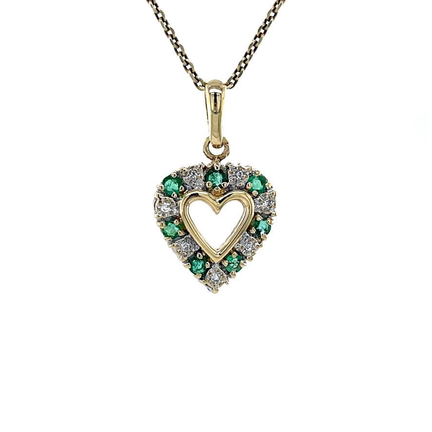 Vintage 14K Gold Heart Pendant with Emerald and Diamond